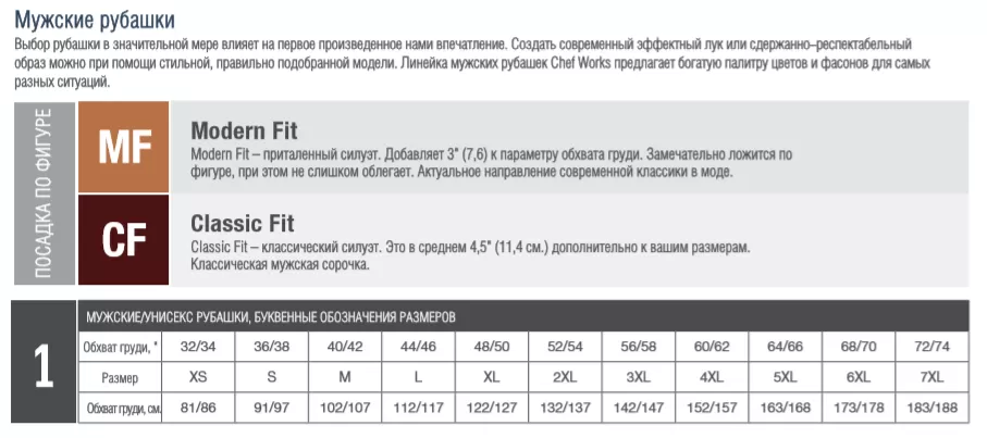 Размеры мужских поварских рубашек Chef Works